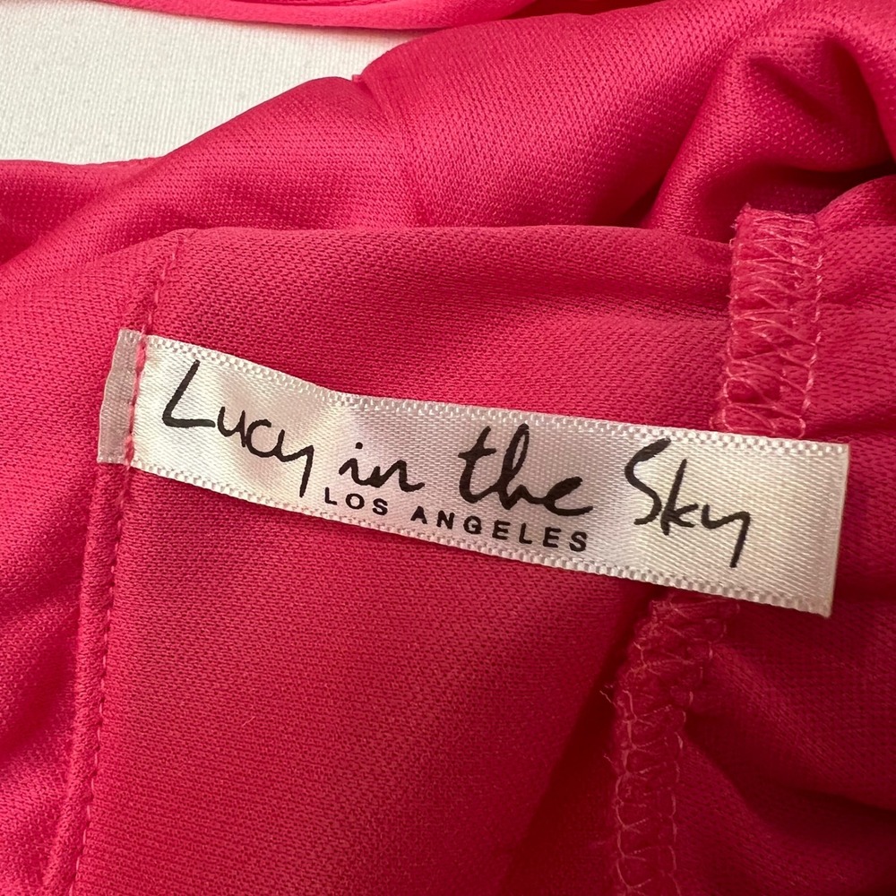 Lucy In The Sky Los Angeles Hot Pink Tie Shoulder Deep V Mini Dress Size L - Picture 3 of 9